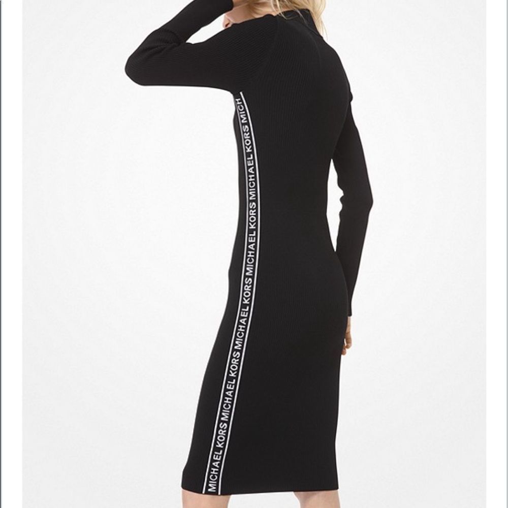 MICHAEL Michael Kors Black Midi Bodycon Dress with White Logo Side Tape
